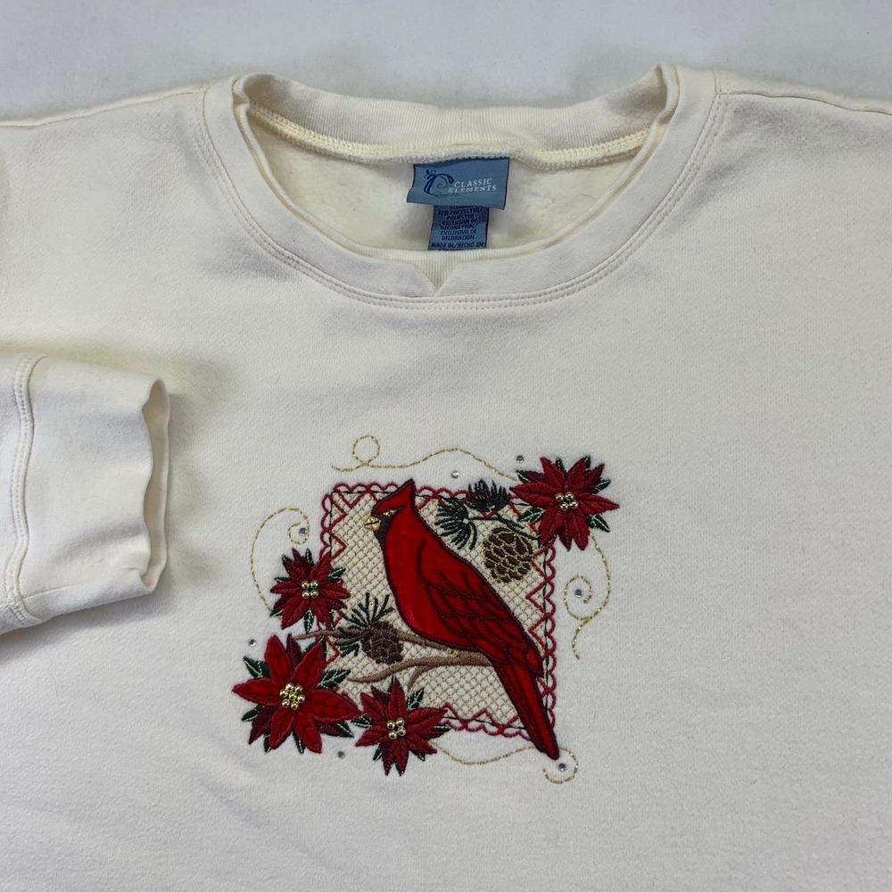 Vintage Classic Elements Womens Sweatshirt XL Cream Cardinal Bird Embroidered
